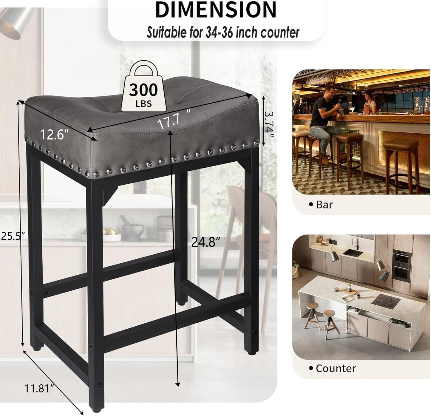 Counter Height Bar Stools Set of 2, Bar Stools for Kitchen Counter, 24 Inch Counter Stools Saddle Barstools with Metal Base for Pub, Bar, Kitchen Dining Room(Grey)