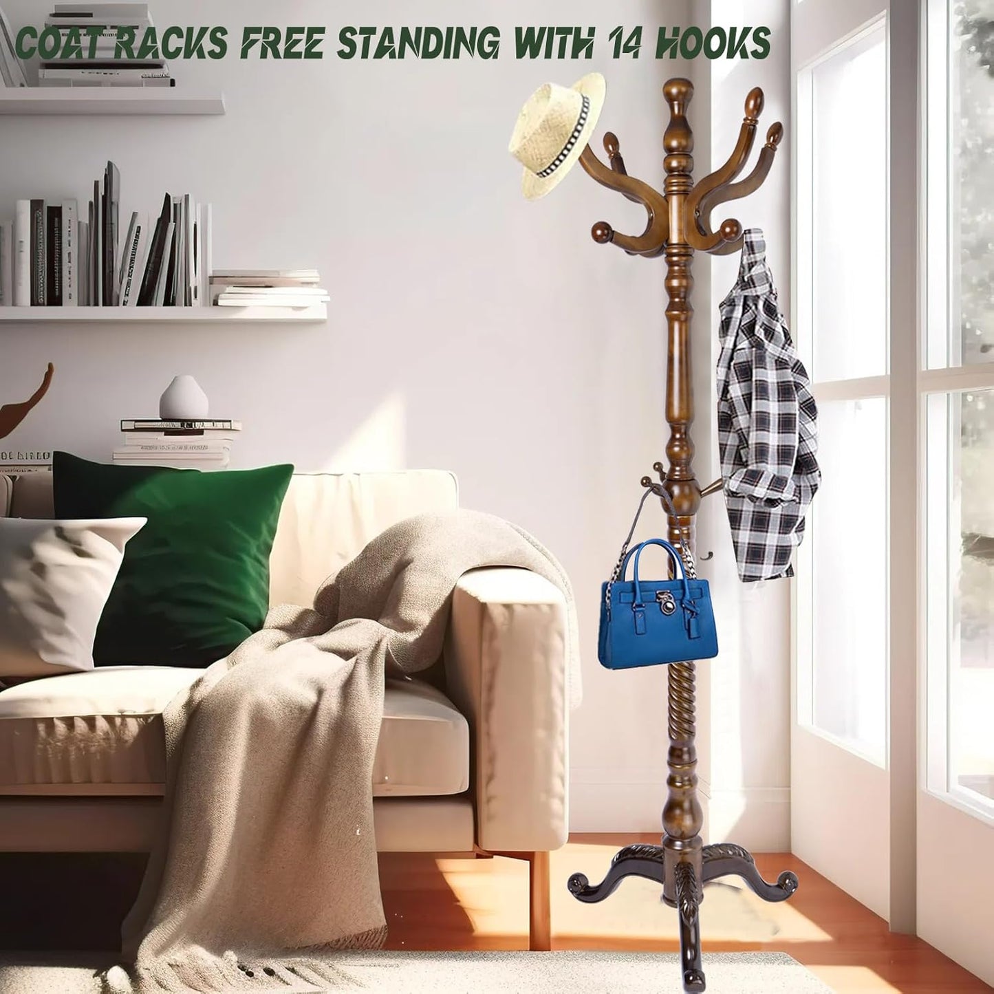 74" Wooden Coat Rack Stand,Coat Racks Freestanding With 14 Hooks And Solid Round Base Heavy Duty Adjustable Height Hall Tree Coat Rack for Entryway Hallway Foyer Office Bedroomf (Triangle Antique)