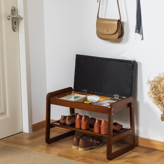 Solid Wood Shoe Bench, 2-Tier Entryway Bench with Cushion and Flip-Open Storage Box, Mid-Century Modern Shoe Bench Rack for Hallway, Mudroom(Black, 21.65'')