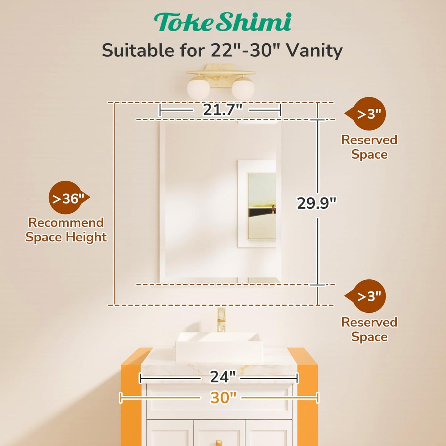 TokeShimi 22x30 Bathroom Vanity Mirror Beveled Rectangle, Frameless Mirror Bathroom with 1" Beveled Edge, Shatterproof Modern Decorative Wall Mirrored for Living Room, Entryway, Bedroom