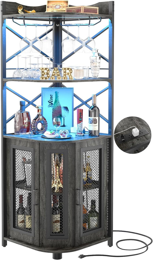 Aheaplus Corner Bar Cabinet with Power Outlet, Industrial Wine Cabinet with LED Strip and Glass Holder, 5-Tiers Liquor Cabinet Bar Unit for Home, Corner Display Cabinet for Small Space, Grey Oak
