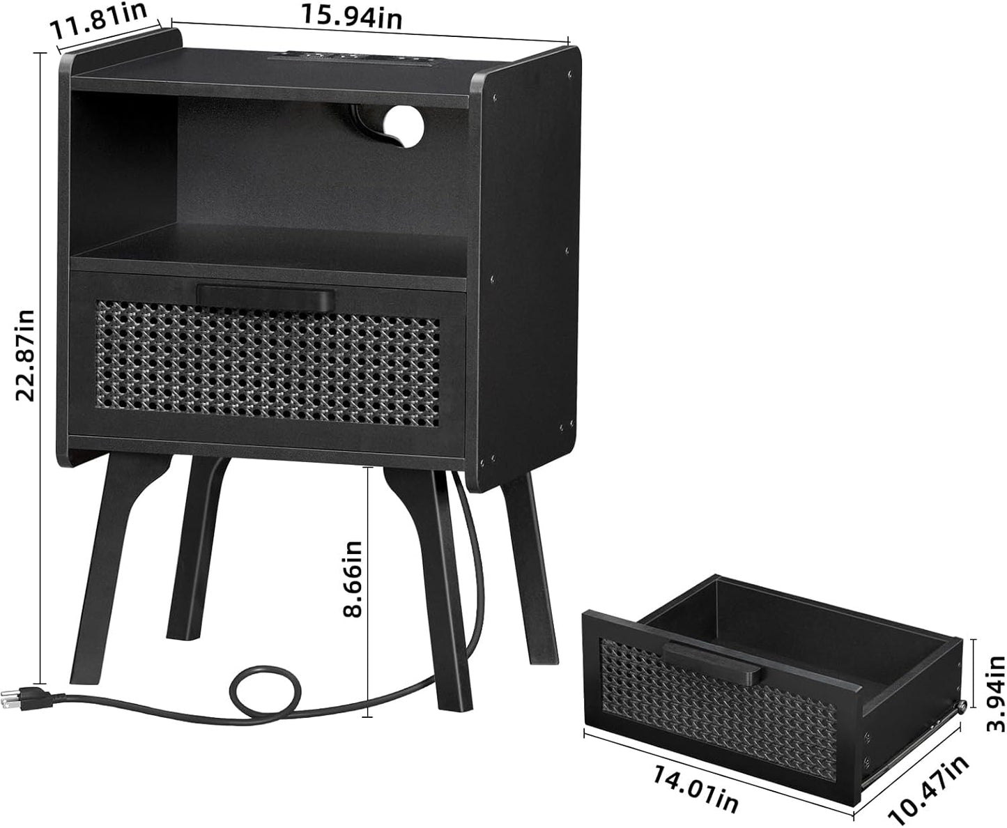 Lerliuo Rattan Nightstand with Charging Station, Side Table with Drawer Open Shelf, Cane Bedside End Table with Solid Wood Legs, Mid Century Night Stand for Bedroom, Dorm and Small Spaces (Black)