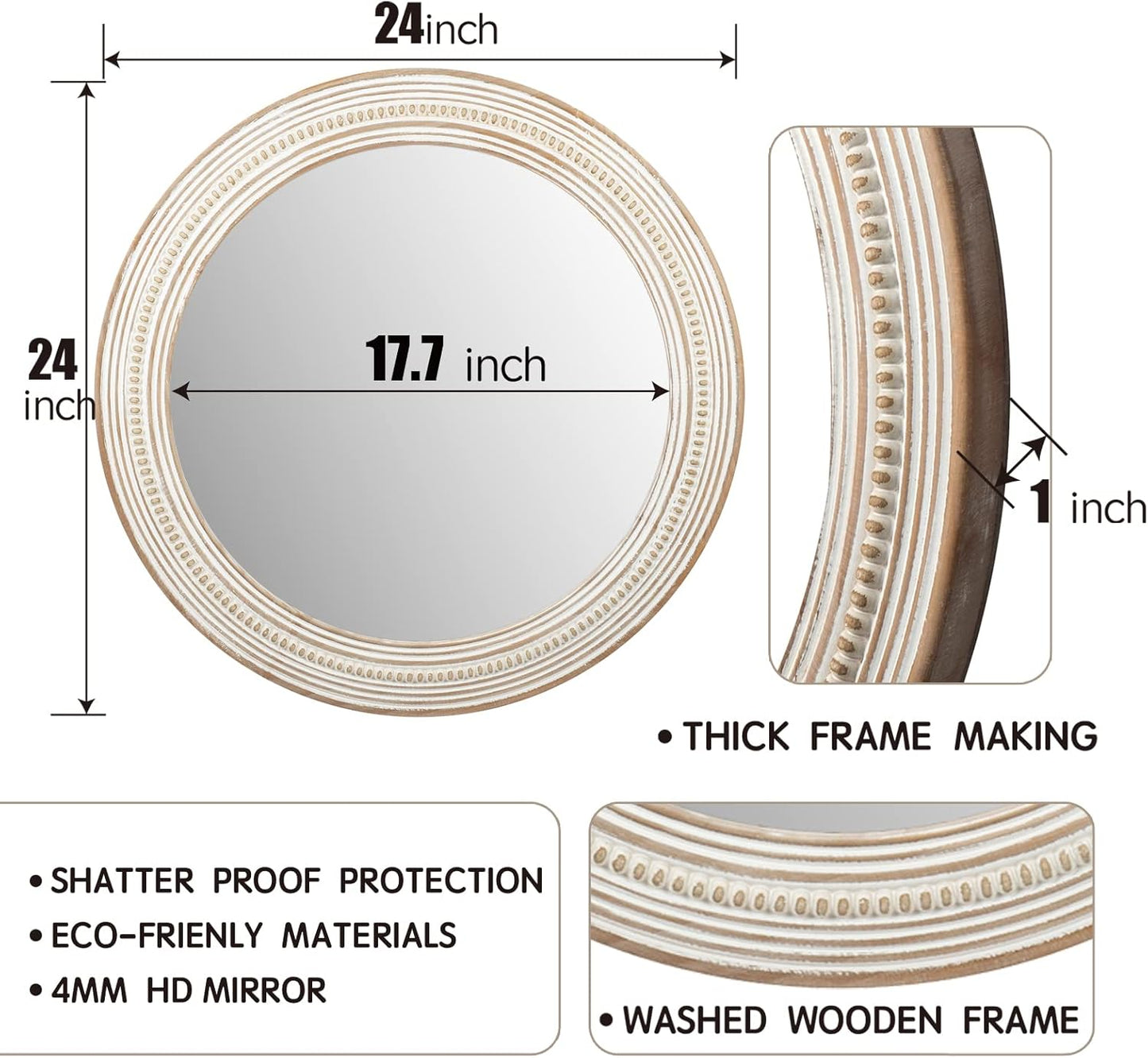 24 Inches Wood Round Mirrors for Wall Decor, Rustic Decorative Circle Mirror for Home, Office, Bedroom, Bathroom, Living Room, Entryway