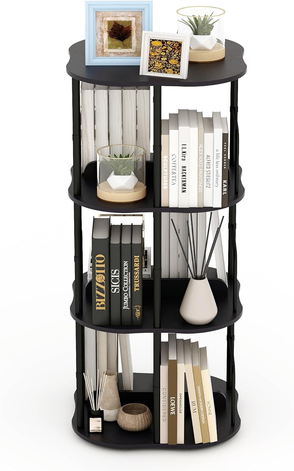 3-Tier Rotating Bookshelf, 360 ° Display Stackable Spinning Bookshelf Tower, Narrow Space Saving Tall Floor Standing Swivel Bookcase Corner Organizer for Bedroom, Living Room, Black