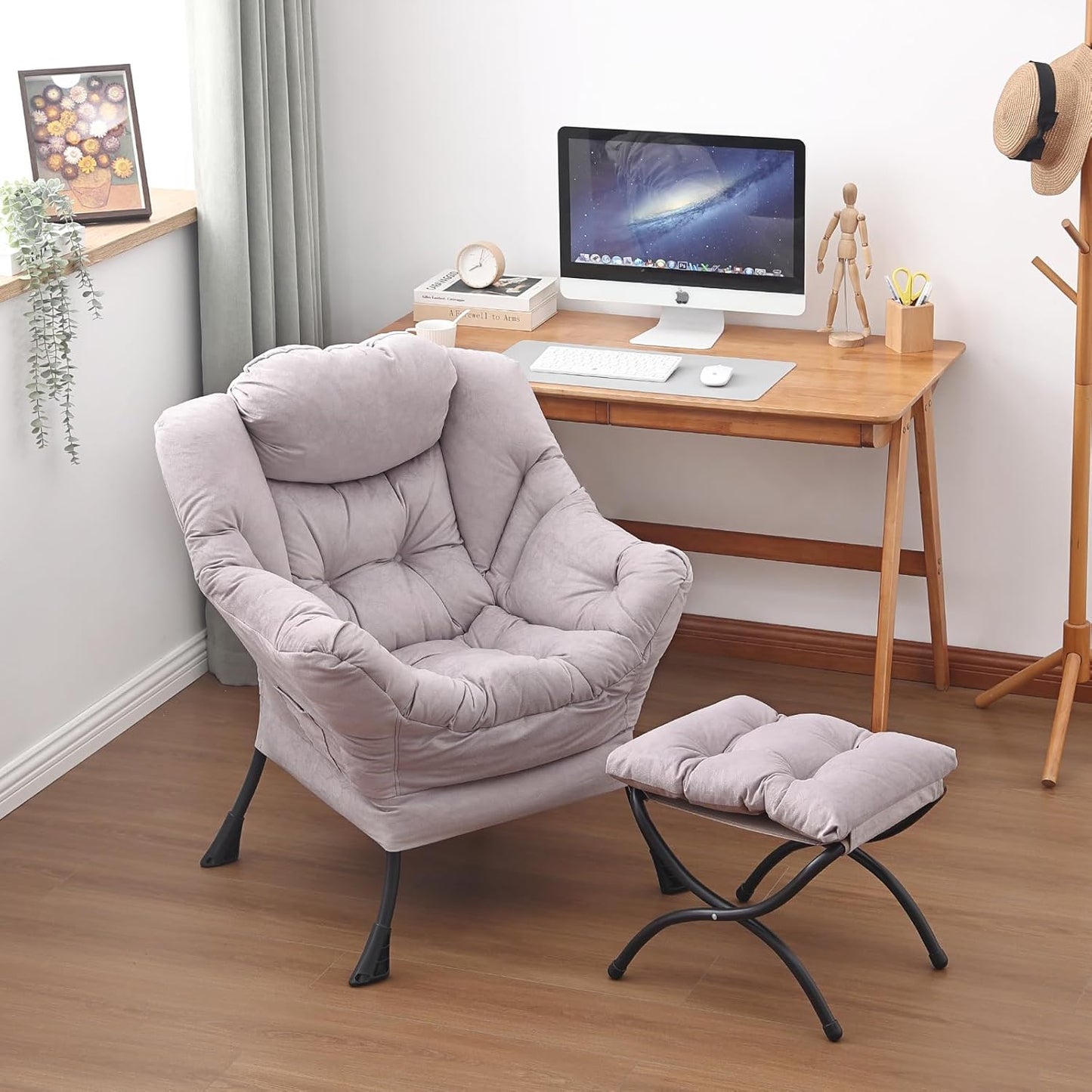 Lazy Chair and Ottoman, Large Accent Lounge Chair with Armrests and a Side Pocket, Modern Leisure Upholstered Sofa Reading Armchair with Footrest for Bedroom, Living Room, Dorm Rooms, Office