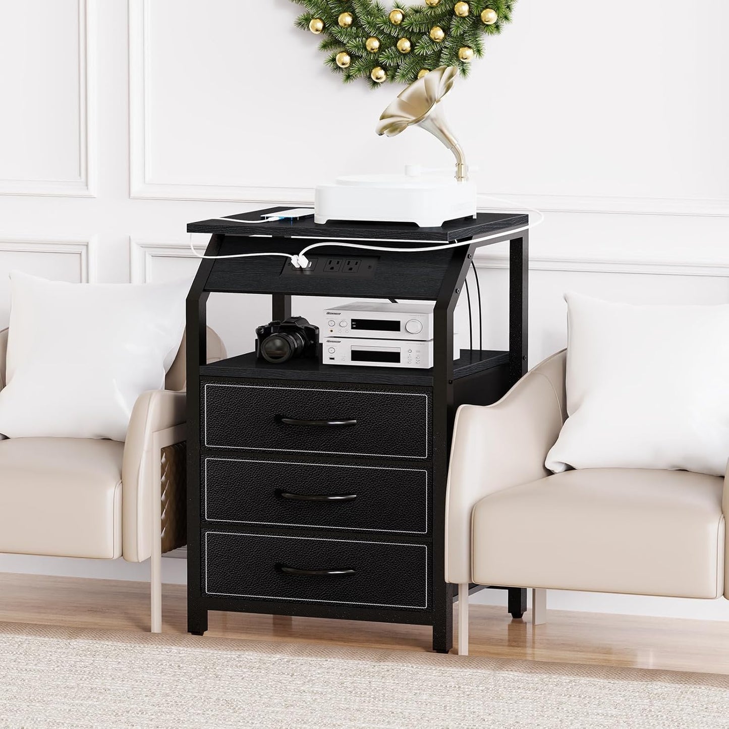 End Tables Set of 2, Nightstands with Charging Station and LED Lights, 3 Drawers Fabric Dressers, Storage Side Tables for Bedside, Living Room, Modern Black