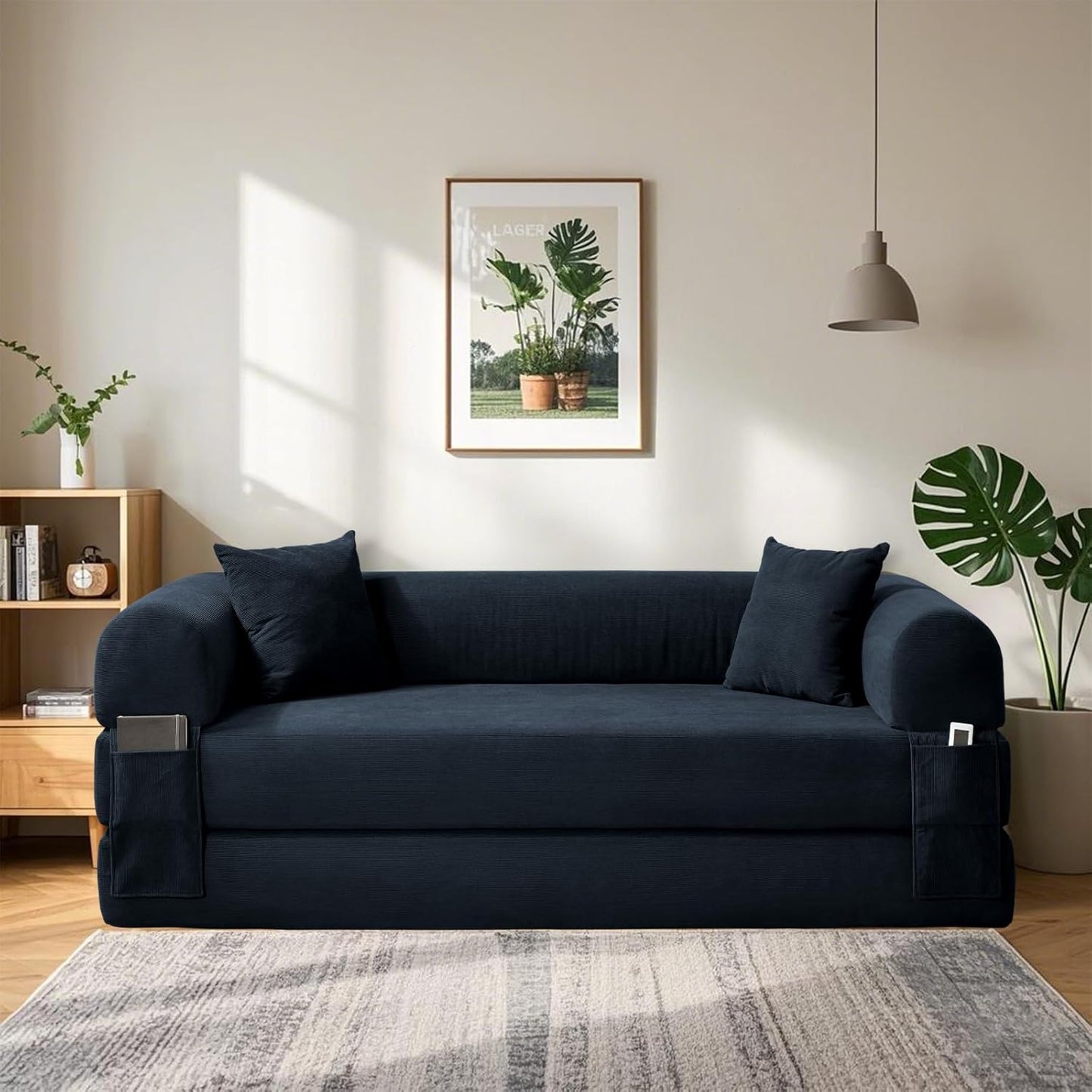 80" Convertible Sofa Bed, 3-in-1 Corduroy Folding Pull Out Couch with Pillows, No Assembly Modern Boneless Couch Compression Sofa in Box, Floor Sofa with Side Storage Pocket for Living Room,Navy Blue