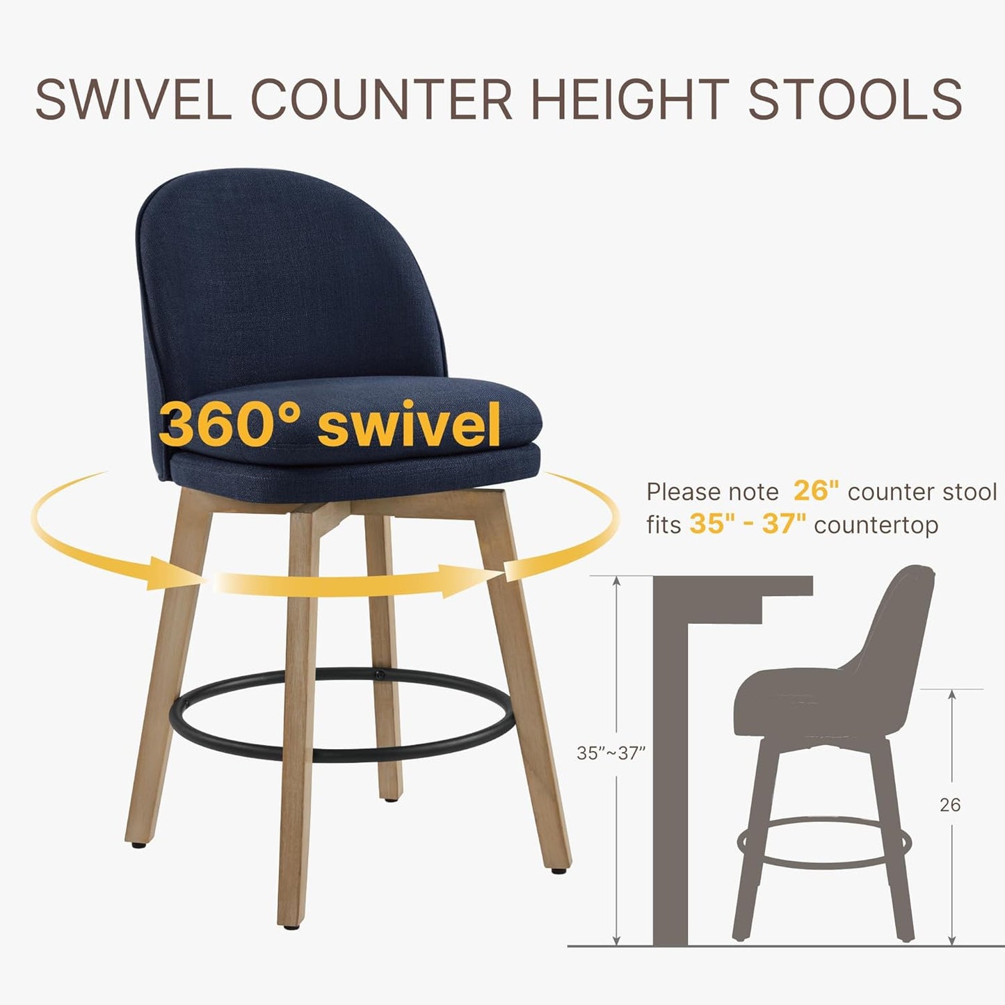 Counter Height Barstools 26 inch Upholstered Swivel Bar Stools with Back and Wood Legs for Kitchen Island,Set of 2,Blue Fabric-Armless
