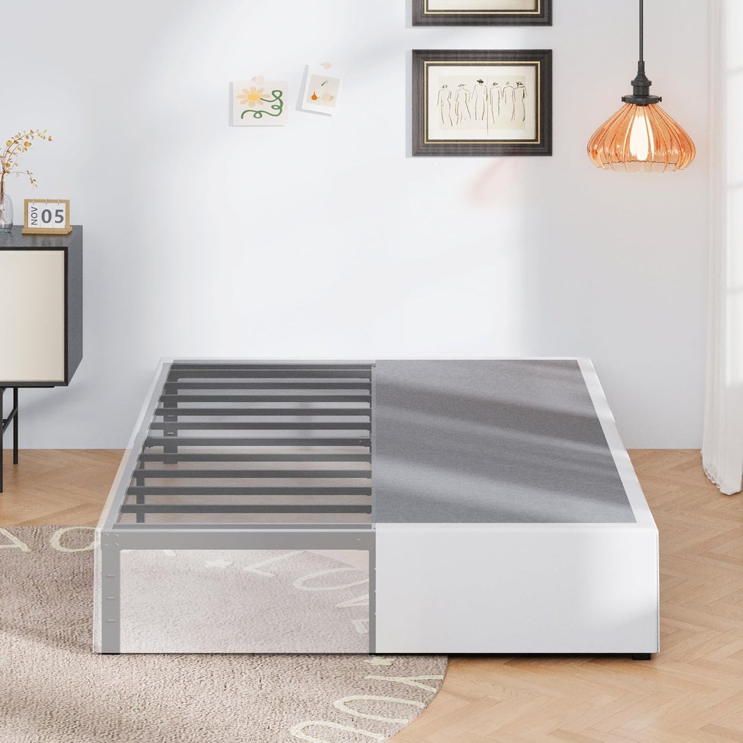 16 Inch Queen Bed Frame with White Skirt Cover, Metal Bed Frame Queen Size with Storage, No Box Spring Needed, Heavy Duty, Easy Assembly, Noise Free, Mattress Foundation