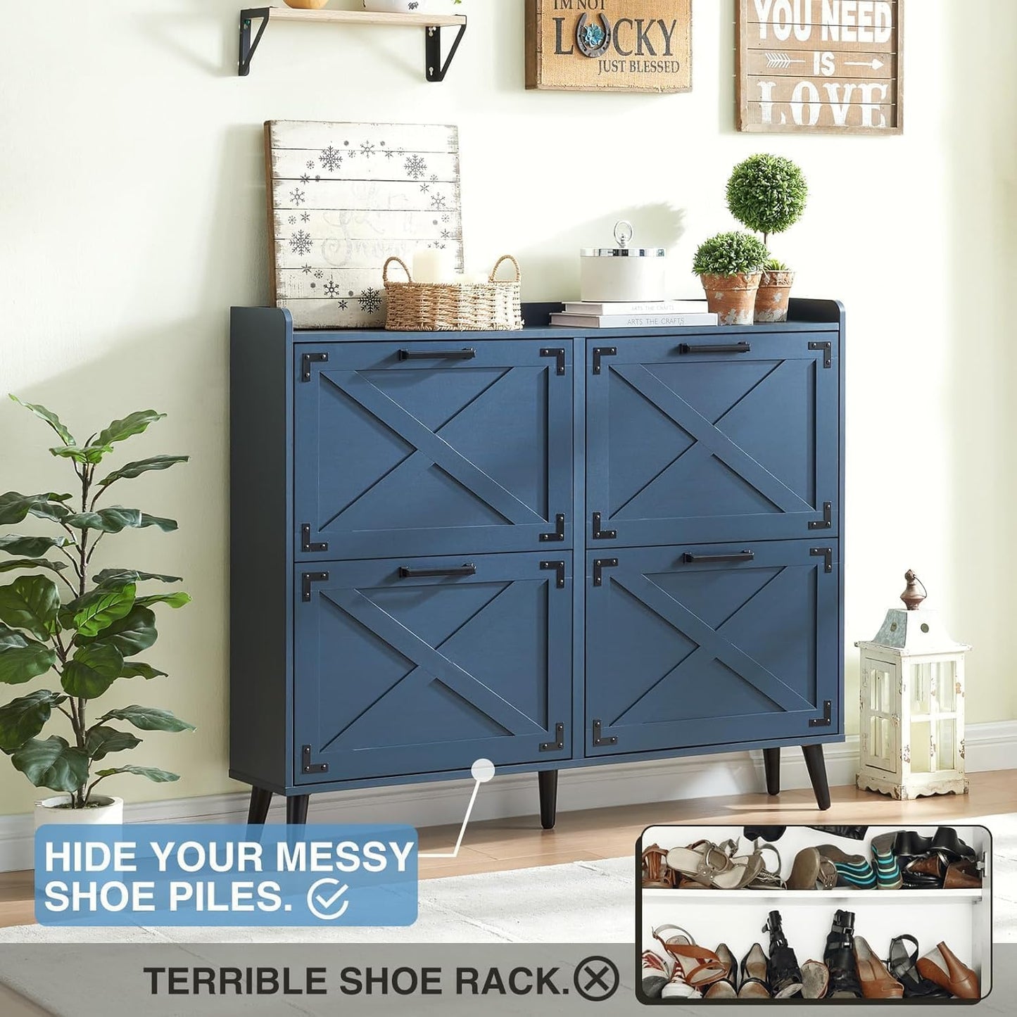 Shoe Storage Cabinet,Farmhouse Shoe Organizer with 4 Flip Drawers & Barn Door Design,Freestanding Hidden Slim Narrow Shoe Rack Cabinet for Entryway,Foyer,Hallway,Blue