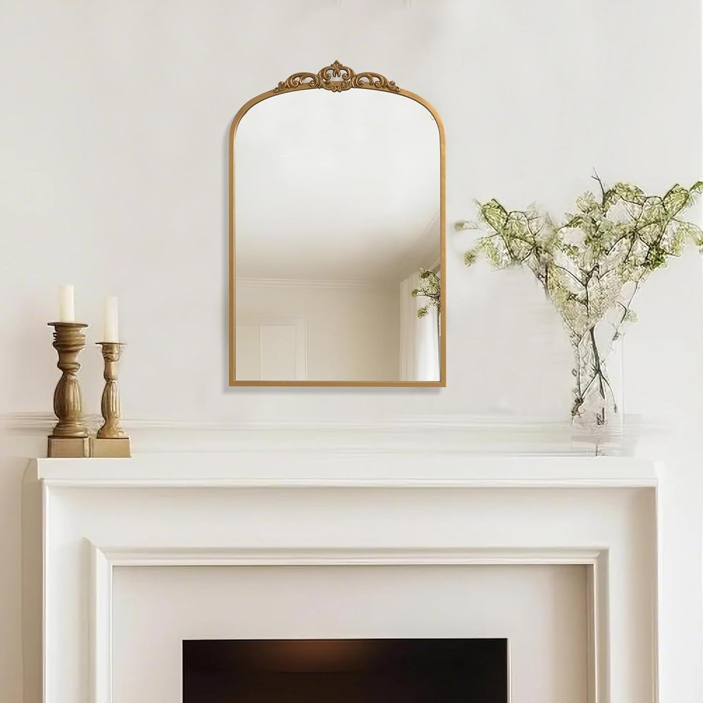 1 Set Vintage Mirror 20x30 Gold Antique Baroque Arched Ornate Traditional Brass Mirror and 8.5x12 Vintage Vanity Makeup Desk Table Mirror for Bathroom Entryway Living Room Hallway Fireplace