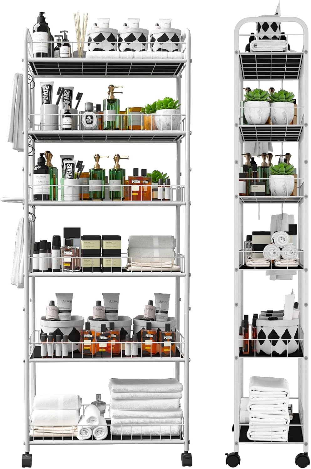 6 Tier 10in Slim Rolling Storage Cart with Handle, White Mobile Shelving Unit with Wheels, Metal Wire Storage Rack with Baskets for Kitchen Bathroom Office Laundry Narrow Piaces