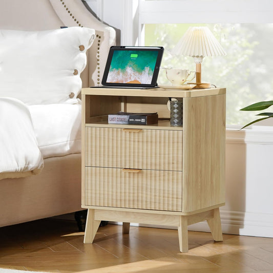 Fluted Nightstand with Charging Station, 19.7 inch Wide End Table with 2 Drawers, Modern Wood Bedside Table for Bedroom(Natural)