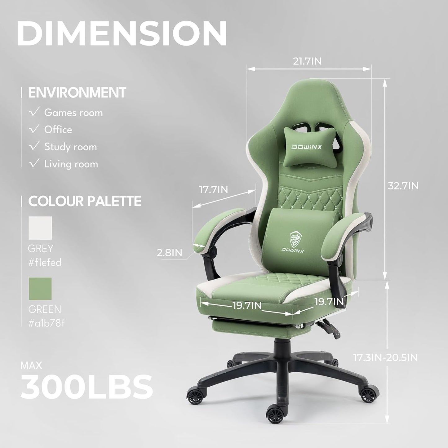 Dowinx Gaming Chair Breathable Fabric Game Chair with Gel Pad and Storage Bag, Comfortable Gamer Chair with Pocket Spring Cushion, Ergonomic Computer Chair with Footrest, Green