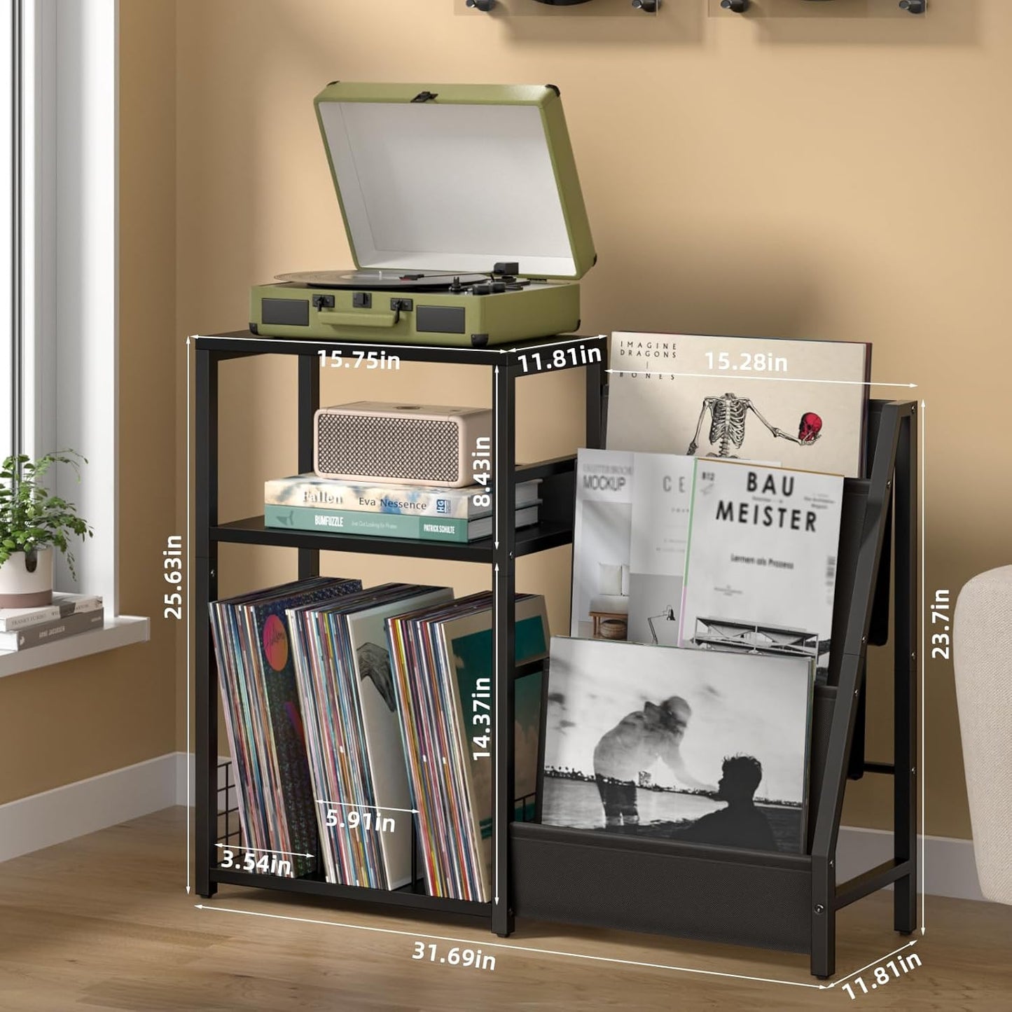 LELELINKY Black End Table,Record Player Stand with Vinyl Storage,3 Tier Side Table with Display Shelf Storage Up to 150 Albums,Industrial Large Record Holder Cabinet for Living Room