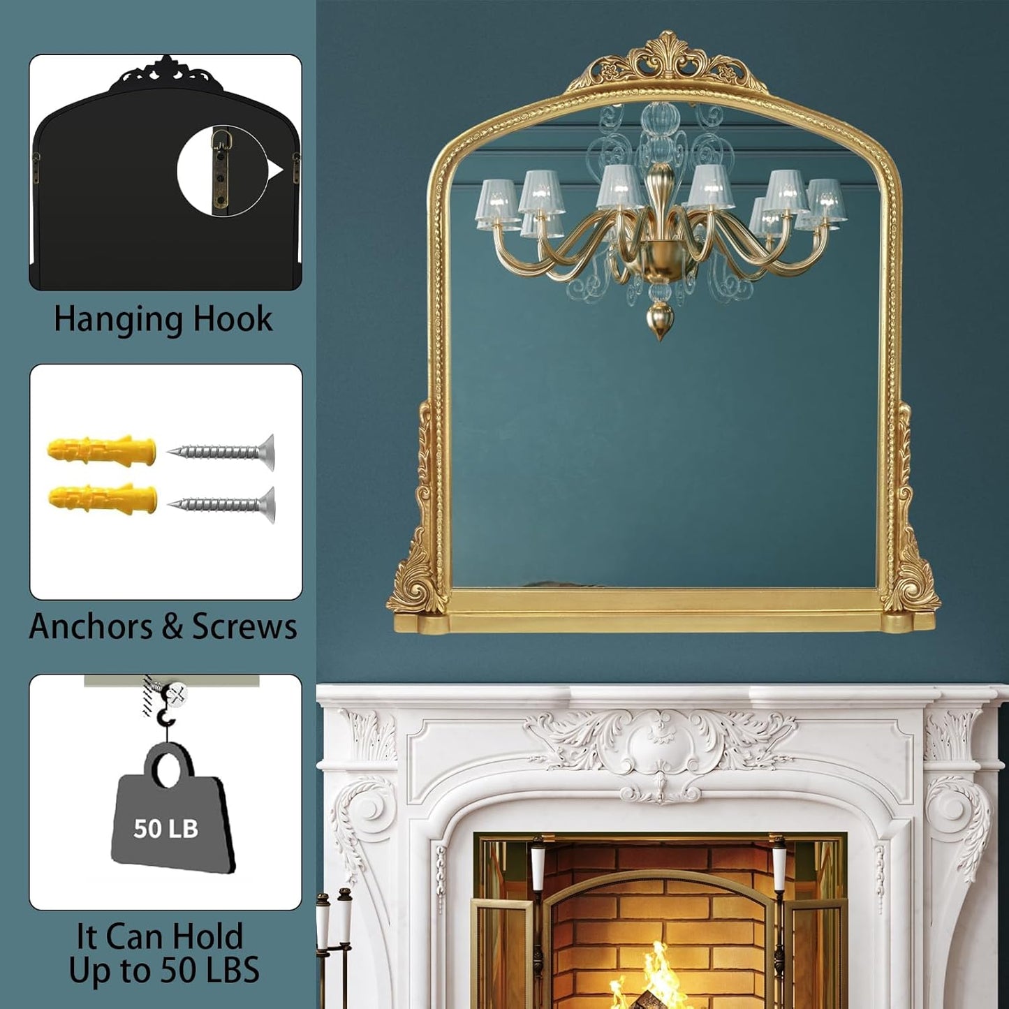 Traditional Ornate Arched Wall Mirror Baroque Vintage Framed Bathroom Vanity Large Rectangle Gilded, 34''H x 32'' W, Antique Gold