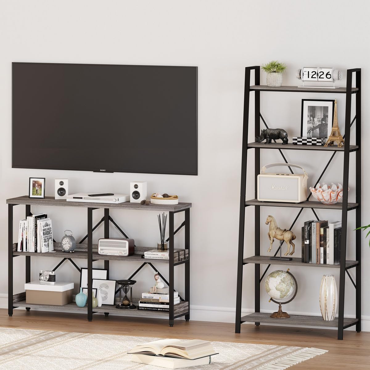 BON AUGURE Entry Table, 47 Inch Console Tables for Entryway, Narrow Couch Table Behind Sofa for Living Room, Wood 3 Tier Shelves Organization Tables for Foyer, Hallway (Dark Grey Oak)