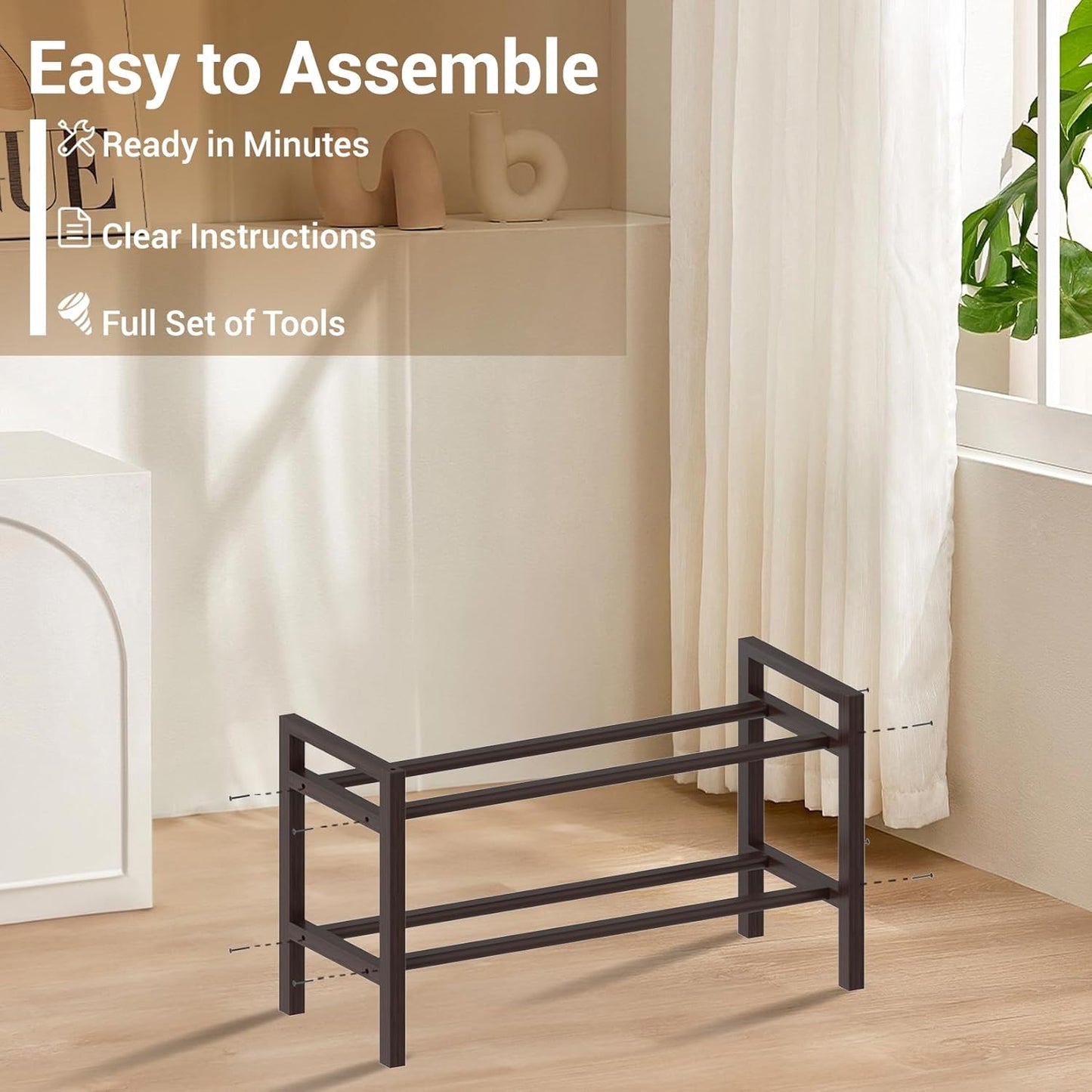 Haddockway Bamboo Shoe Rack for Closet, Free Standing Shoe Organizer with Smooth Round Rods & Convenient Handles, Stackable Shoe Storage Shelf for Entryway, Hallway(Brown, 2-Tier(Small))