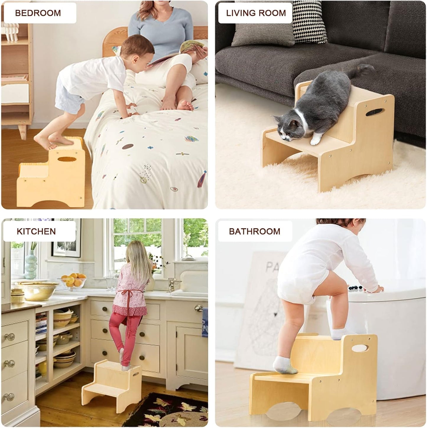 WOOD CITY Wooden Toddler Step Stool for Kids, Bathroom Potty Stool & Kitchen Stool, Natural Two Step Stool for Bedroom, Children's Stool with Handles and Safety Non-Slip Pads