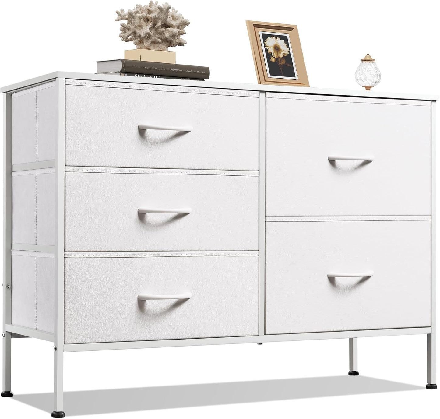 WLIVE White Dresser for Bedroom with 5 Drawers, Fabric Dresser for Living Room, Wide Chest of Drawers for Bedroom, Closet, Hallway, White