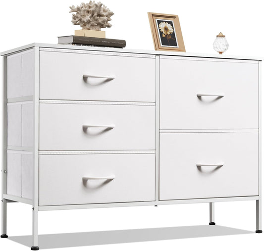 WLIVE White Dresser for Bedroom with 5 Drawers, Fabric Dresser for Living Room, Wide Chest of Drawers for Bedroom, Closet, Hallway, White