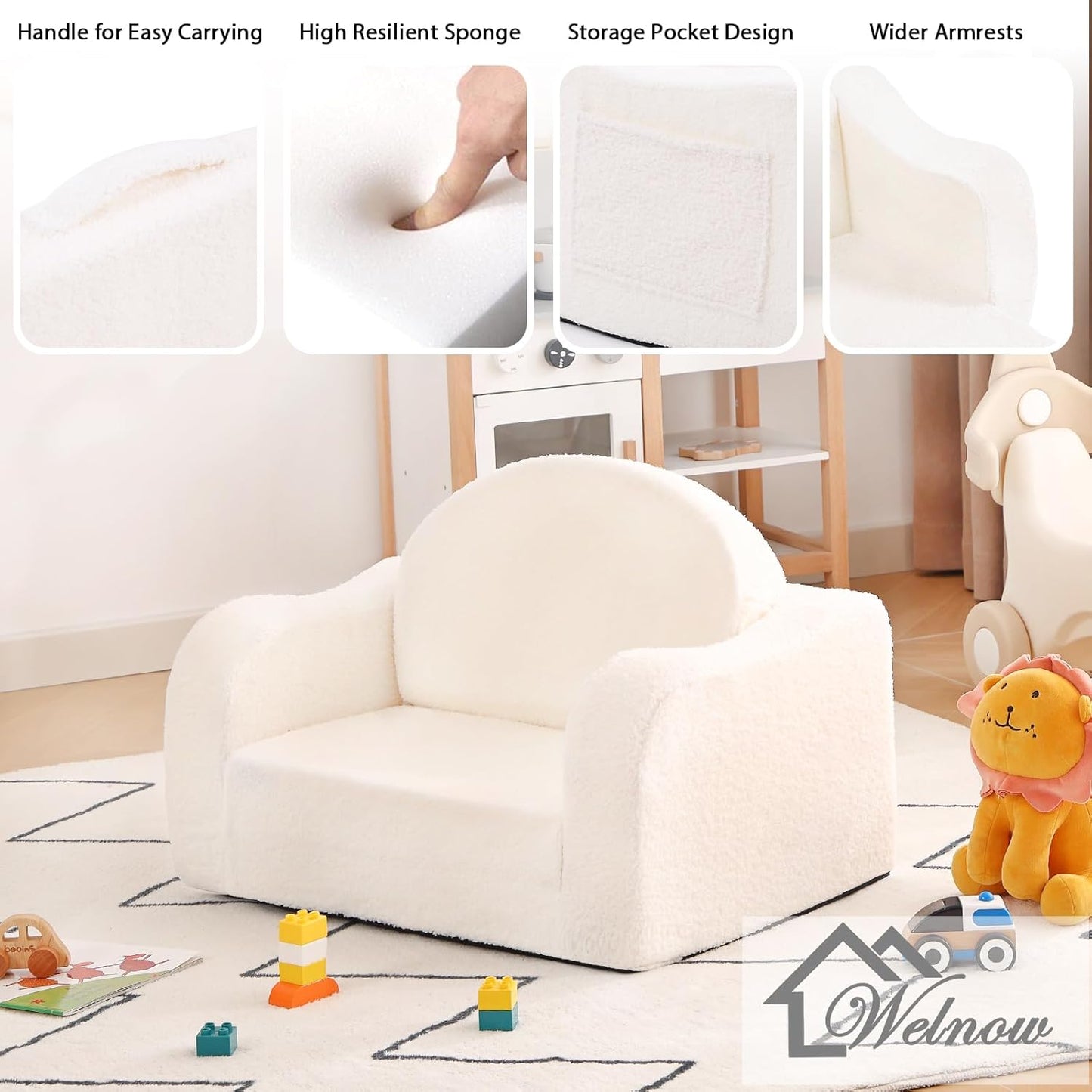 Welnow Kids Sofa, 2-in-1 Soft Sherpa Toddler Chair, Convertible Toddler Couch Lounger, Flip Out Kids Couch Chair with Side Pockets & Removable Cover for Girls and Boys, Beige