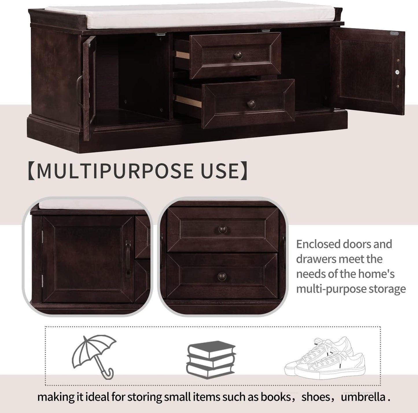 42″ Storage Bench with 2 Drawers and 2 Cabinets，Multipurpose Entryway Shoe Rack W/Removable Cushion，for Living Room Hallway Porch,Espresso