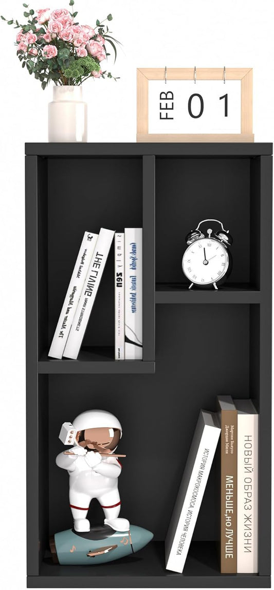 VECELO 3-Cube Open Bookcase, Small Bookshelf with Height Difference Shelves for Most Books, Horizontal Available, 2-Tier Storage Organizer for Home Office, Living Room,Vintage Black