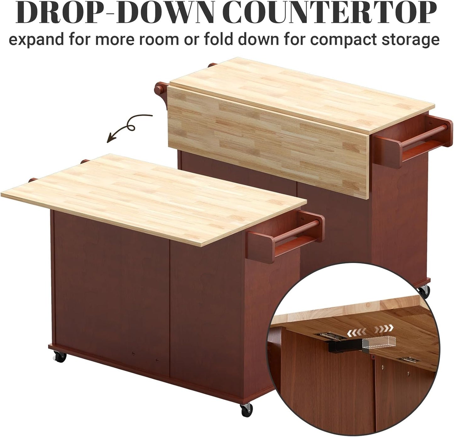 Rovibek 53" Kitchen Island on Wheels with Drawers - Large Rolling Island Cart with Storage, Cabinet, Spice Rack, and Towel Holder