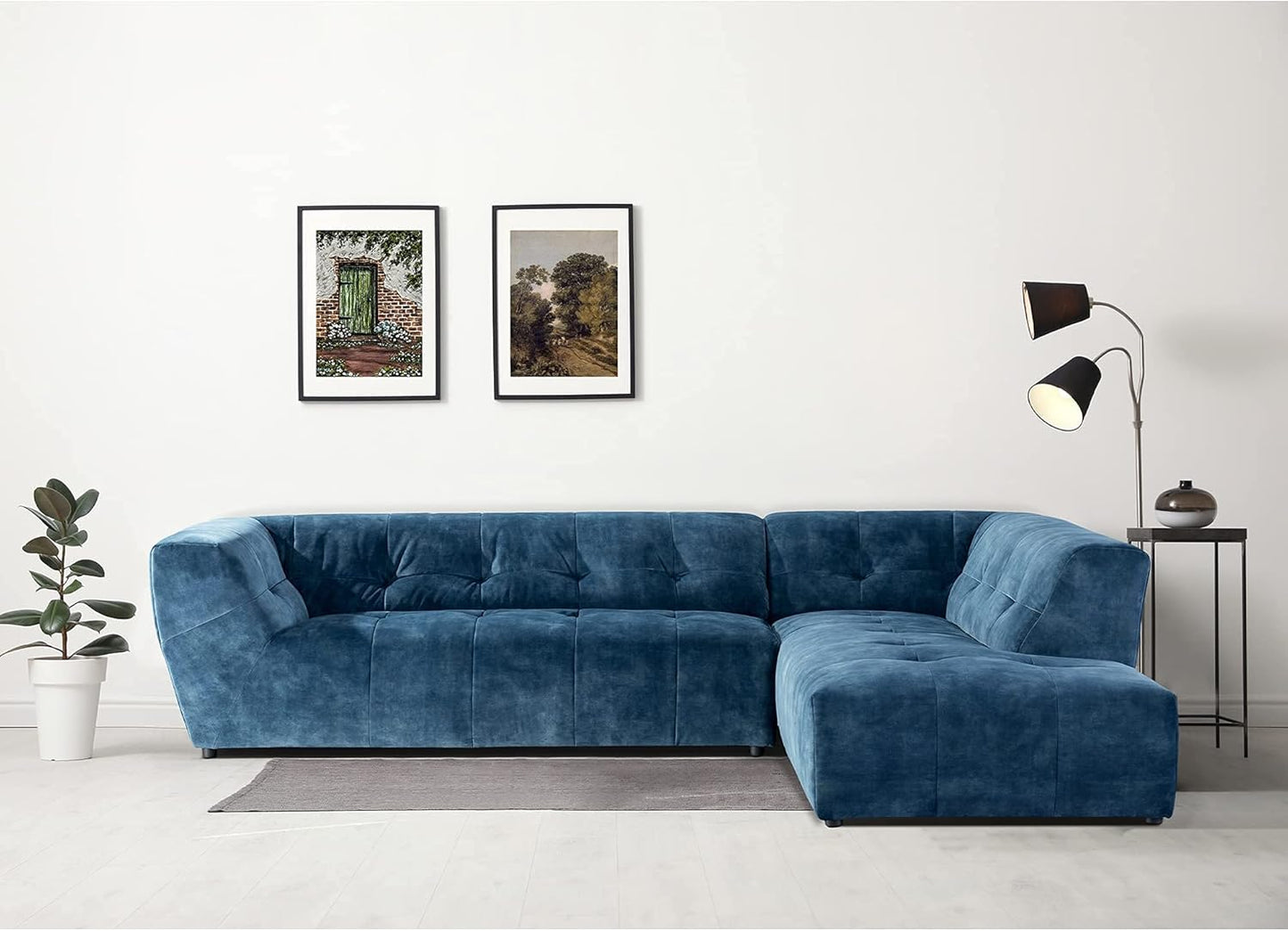 Acanva Mid-Century Velvet Sectional Sofa Couch for Living Room, L-Shape 2-Piece 113”W Right Hand Facing Chaise, Blue