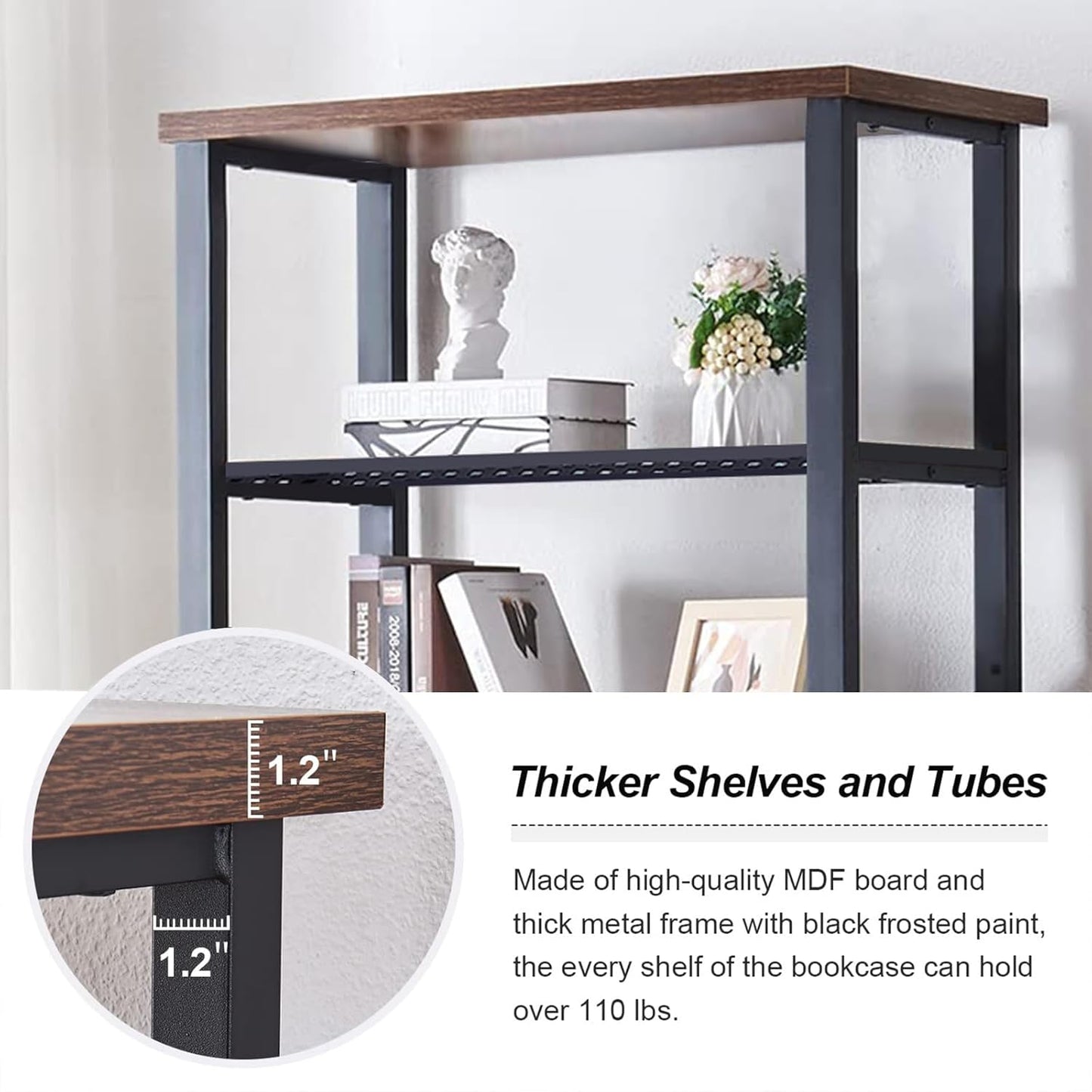 HOMBAZAAR 6 Tier Bookshelf,Rustic Brown Industrial Book Shelf,Engineered Wood and Metal Deep Bookcases,Tall Shelf Bookcase for Living Room,Office,Bedroom and Kitchen