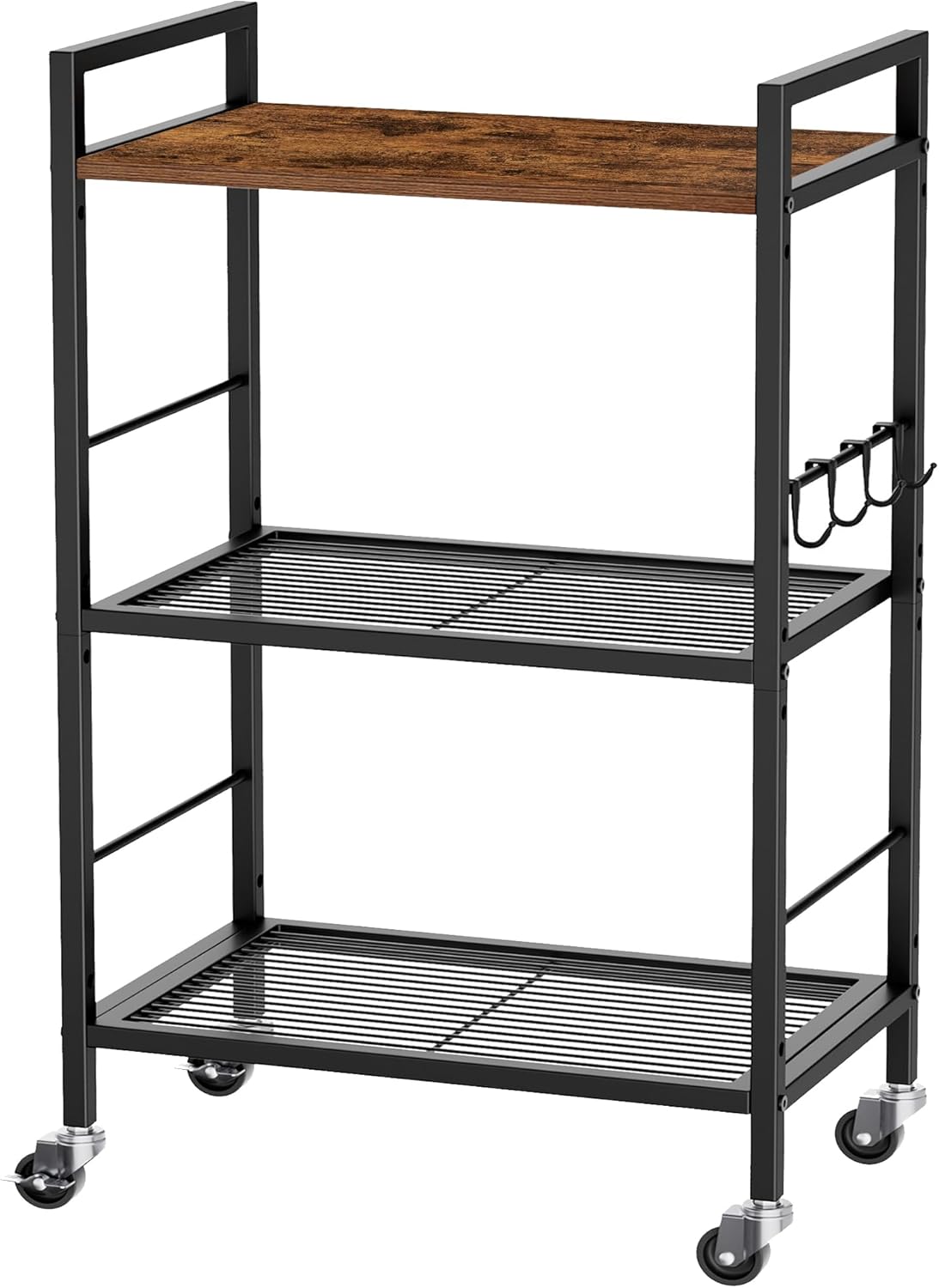 3-Tier Metal Storage Rack with Industrial Wheels,Mesh Shelving Unit with Wooden Table top,Adjustable Shelf,16.9-Inch Width,for Kitchen,Laundry,Pantry,Plant,Black