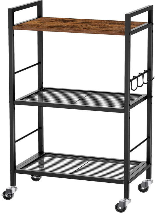 3-Tier Metal Storage Rack with Industrial Wheels,Mesh Shelving Unit with Wooden Table top,Adjustable Shelf,16.9-Inch Width,for Kitchen,Laundry,Pantry,Plant,Black