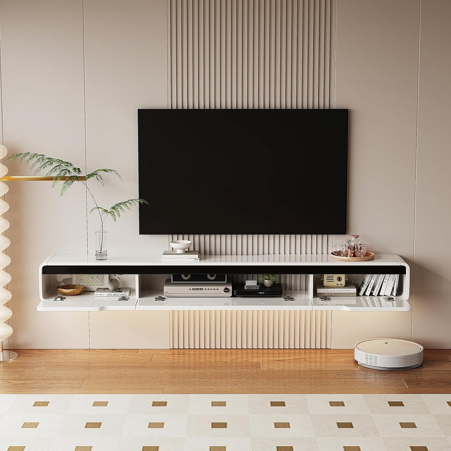 High Gloss Floating TV Stand with 3 Doors,86'' Wall Mounted TV Cabinet,Under TV Console,Floating Media Shelft for Bedroom Living Room(White)