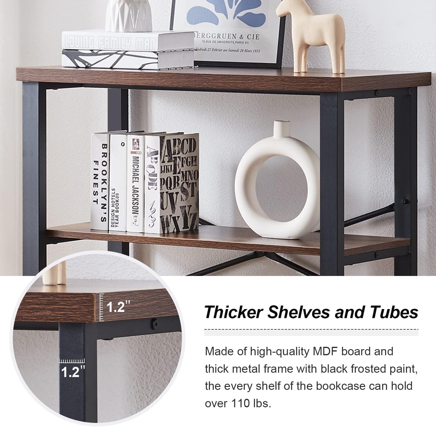 HOMBAZAAR 3 Tier Bookshelf,Rustic Brown Industrial Book Shelf,Engineered Wood and Metal Deep Bookcases,Low Shelf Bookcase for Living Room,Office,Bedroom and Kitchen