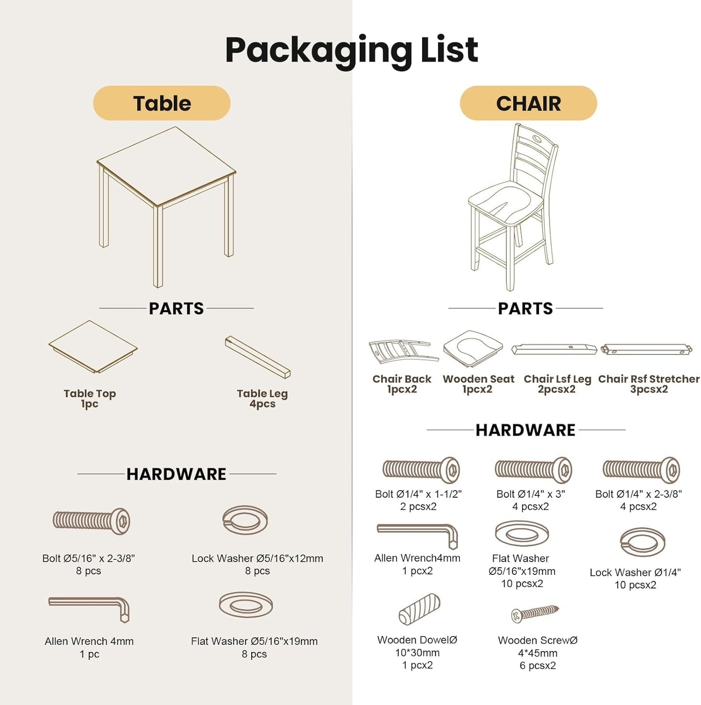 5-Piece Dining Table Set, Solid Rubber Wood Dining Room Table Set for 4, High Top Table and Chair Set for Kitchen Dining Room Restaurant Bar,Espresso
