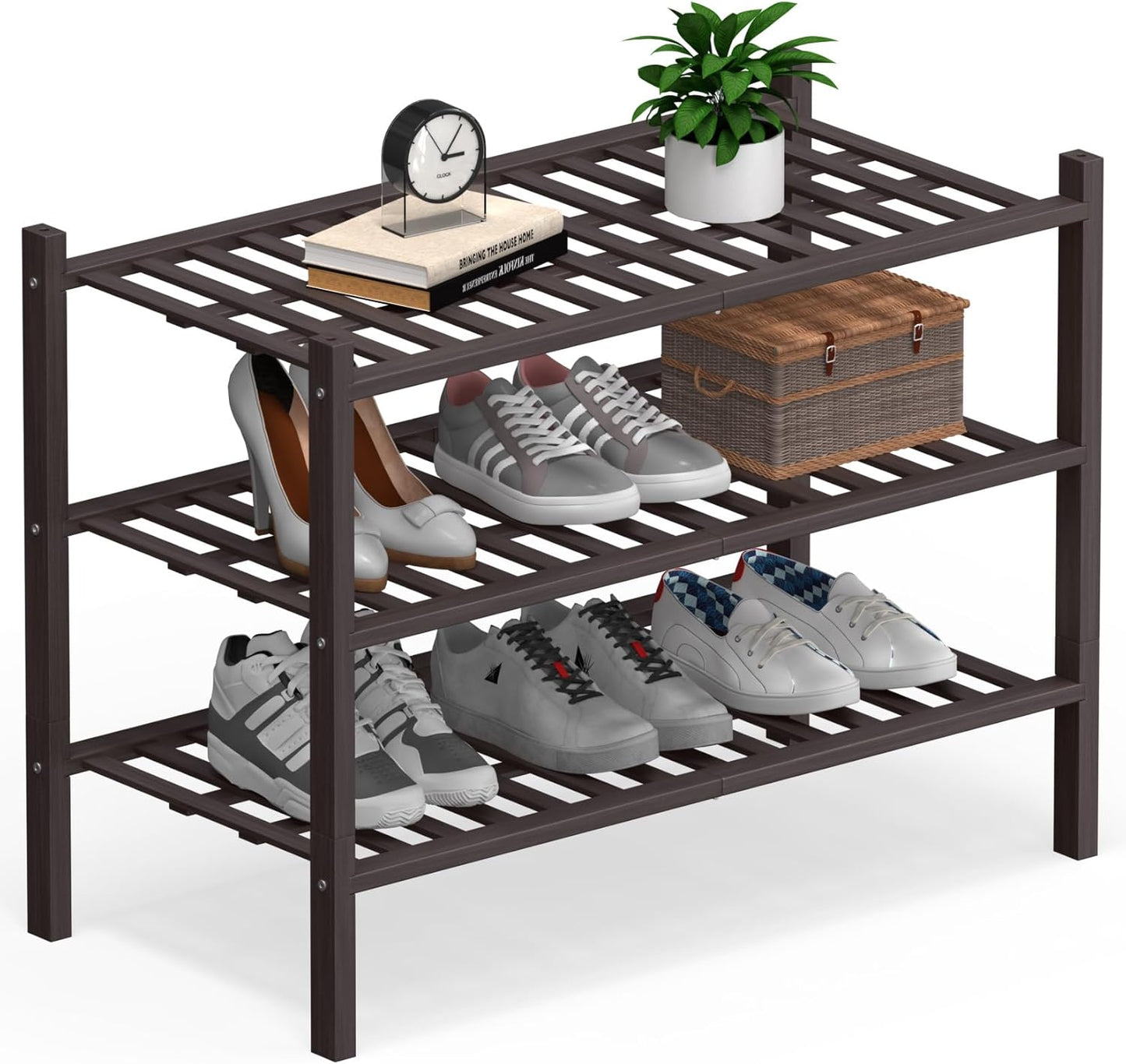 Haddockway Large 3 Tier Bamboo Shoe Rack Storage Organizer, Multifunctional Free Standing Stackable Shoe Shelf with Grid Panel for Closet,Hallway,Entryway,Small Space 27"x12"x21"(Brown, 3-Tier(Large))