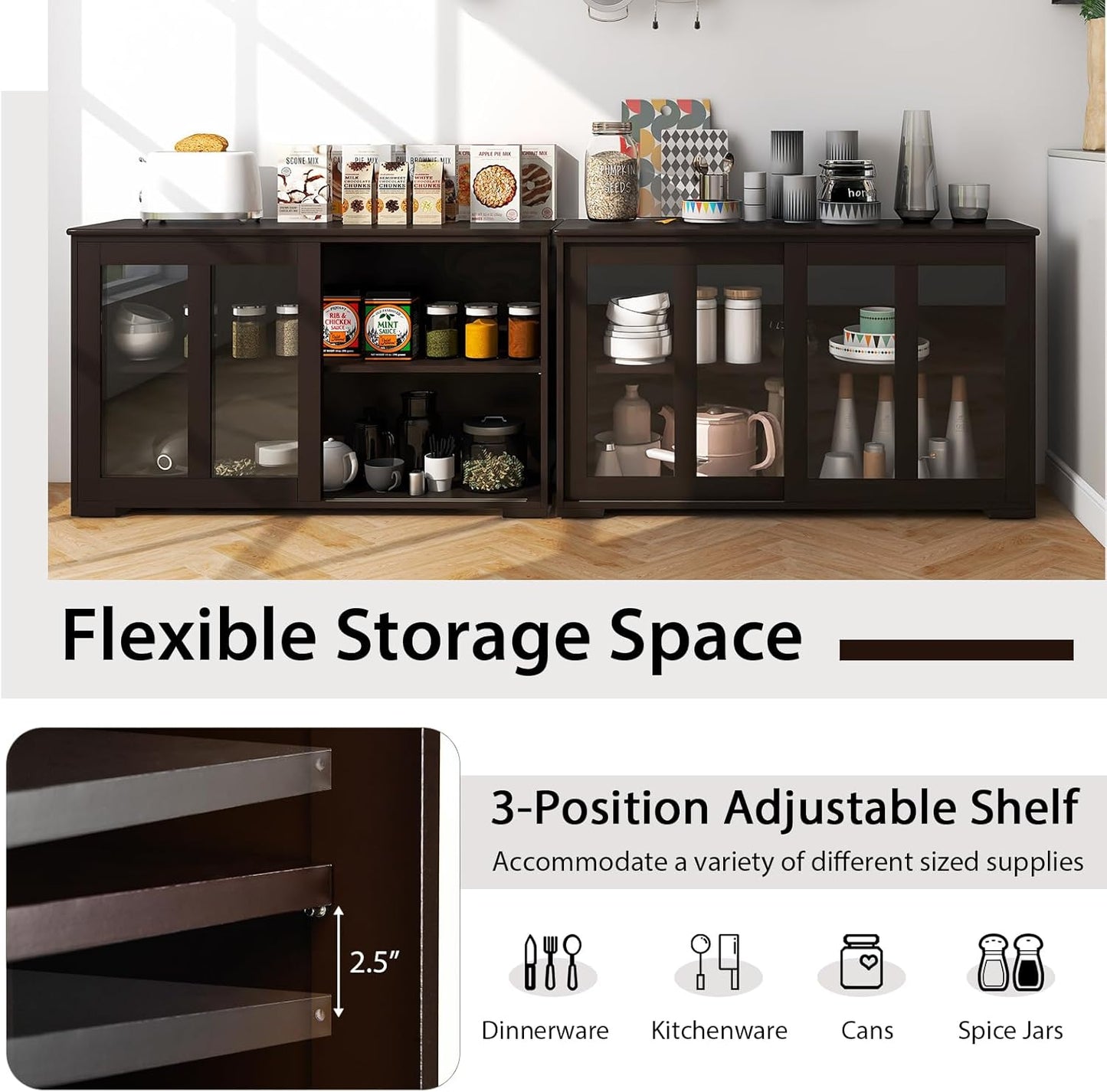 Costzon 2-Pack Wooden Kitchen Storage Cabinet with Adjustable Shelf, Sliding Glass Doors, Accent Coffee Bar Cabinet Console Table for Living Room, Dining Room, Hallway
