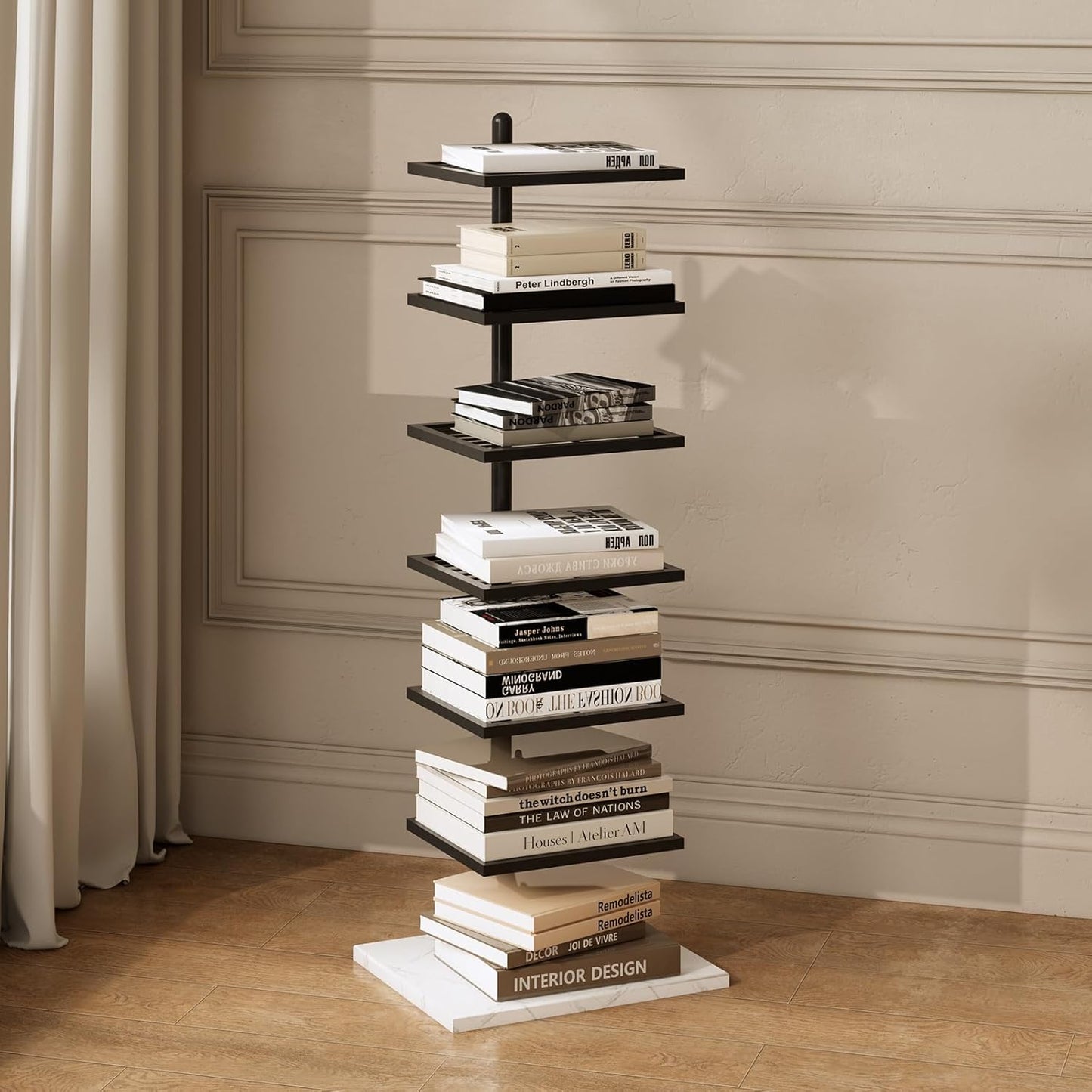 Vertical Bookshelf,Metal Spine Book Tower,Small Bookshelf for Small Spaces,Floor-Mounted Invisible Shelves with Marble Base for Living Room Bedroom Office