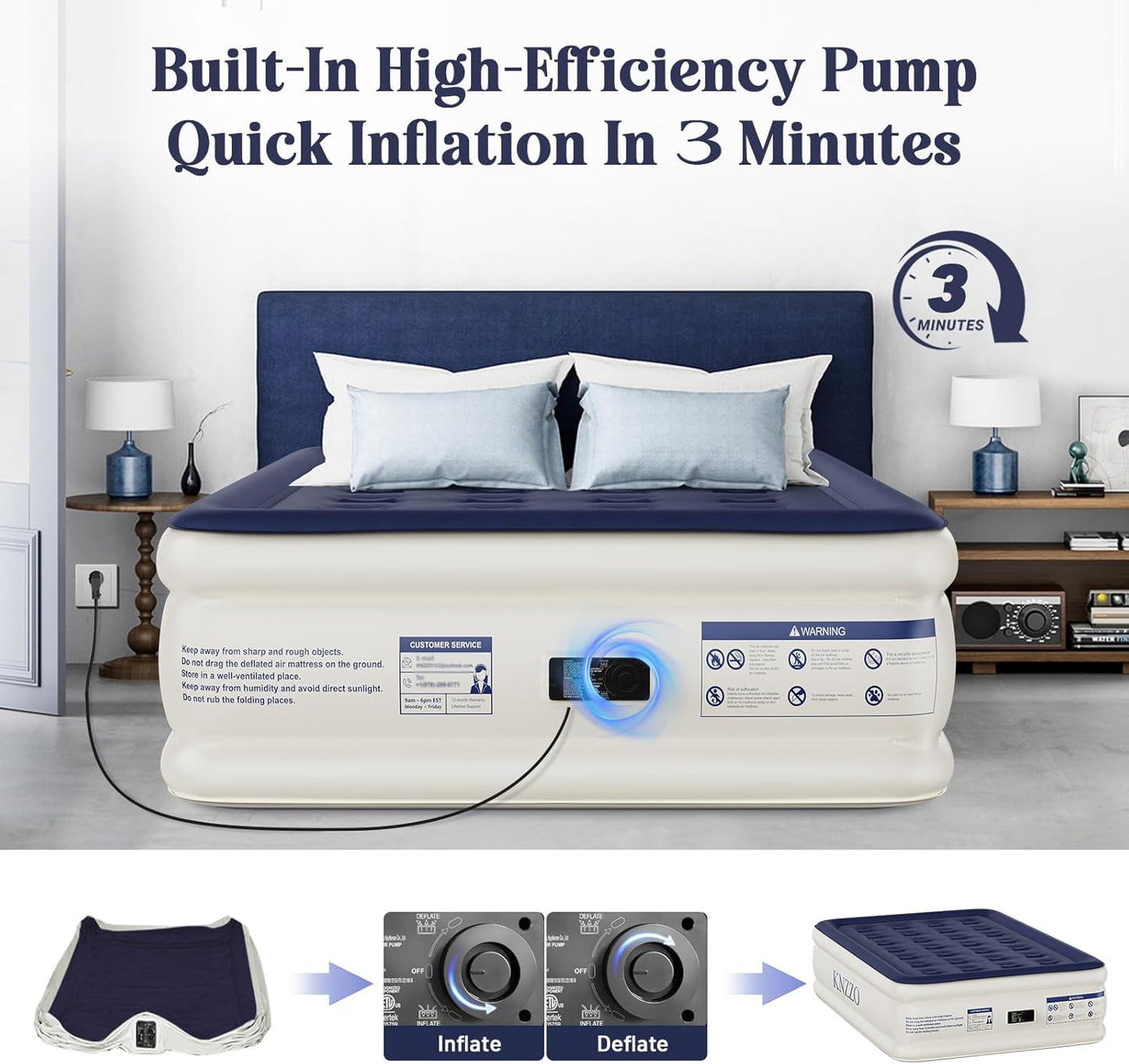 Air Mattress Full with Built-in Pump, Blow Up Mattress with Soft Flocked Top, Leakproof Inflatable Mattress, Foldable Waterproof Air Bed for Home, Guests, Camping, with Storage Bag