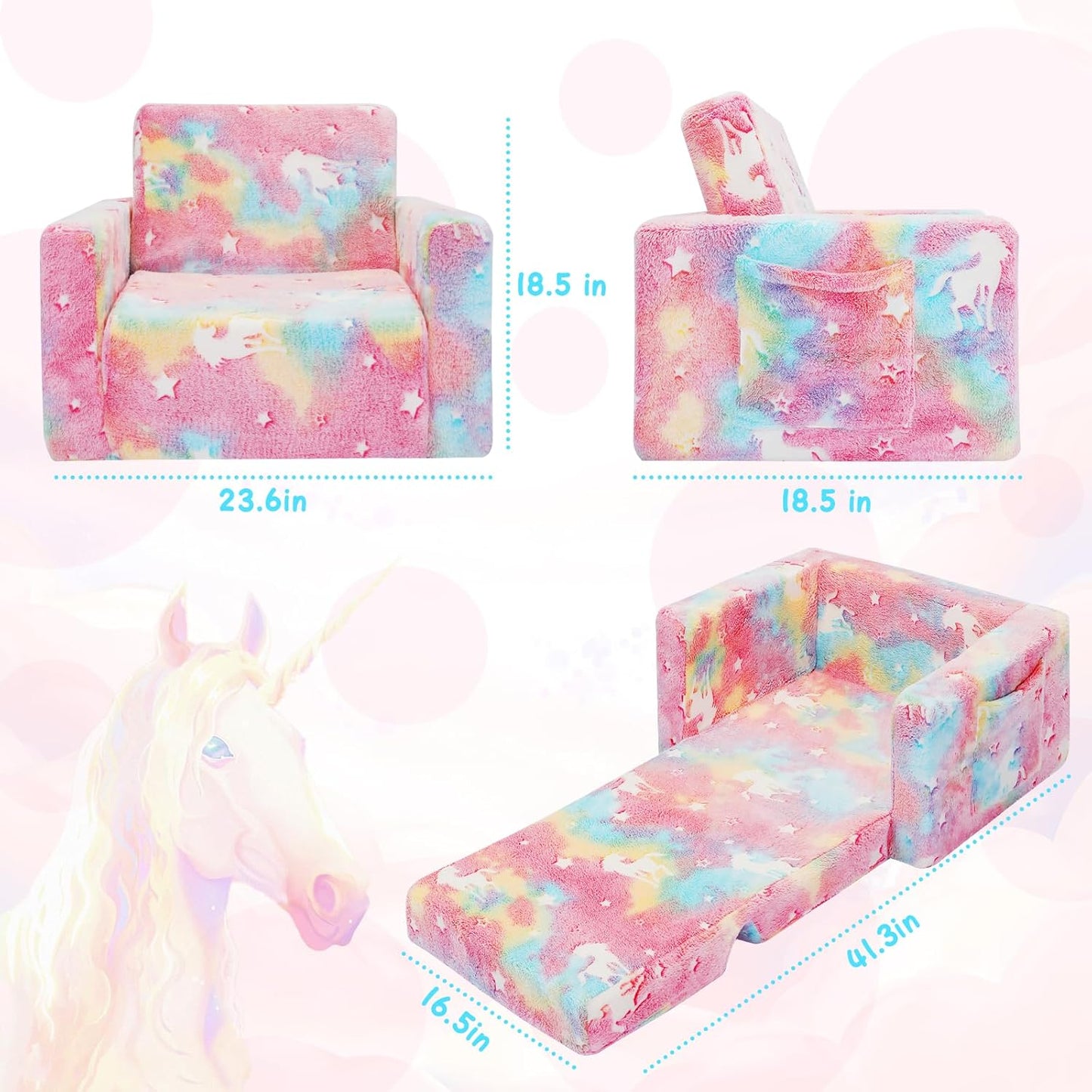 SLIGUY Kids Couch, Toddler Chair, Fold Out Kids Sofa Chair, Convertible Sofa to Lounger Pull Out Couch, Glow in Dark Sofa Chair Birthday Gifts for Boys and Girls (Pink)