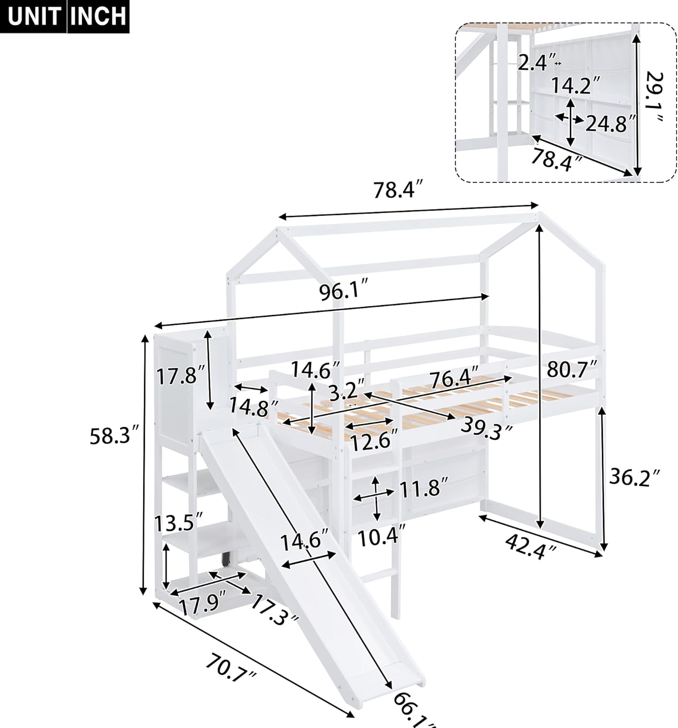 Twin Size House Loft Bed with Slide, Storage Shelves and Light, Wood Kids Bed Frame with Guardrail and Ladder,Climbing Ramp,for Teens Boys Girls Bedroom, White