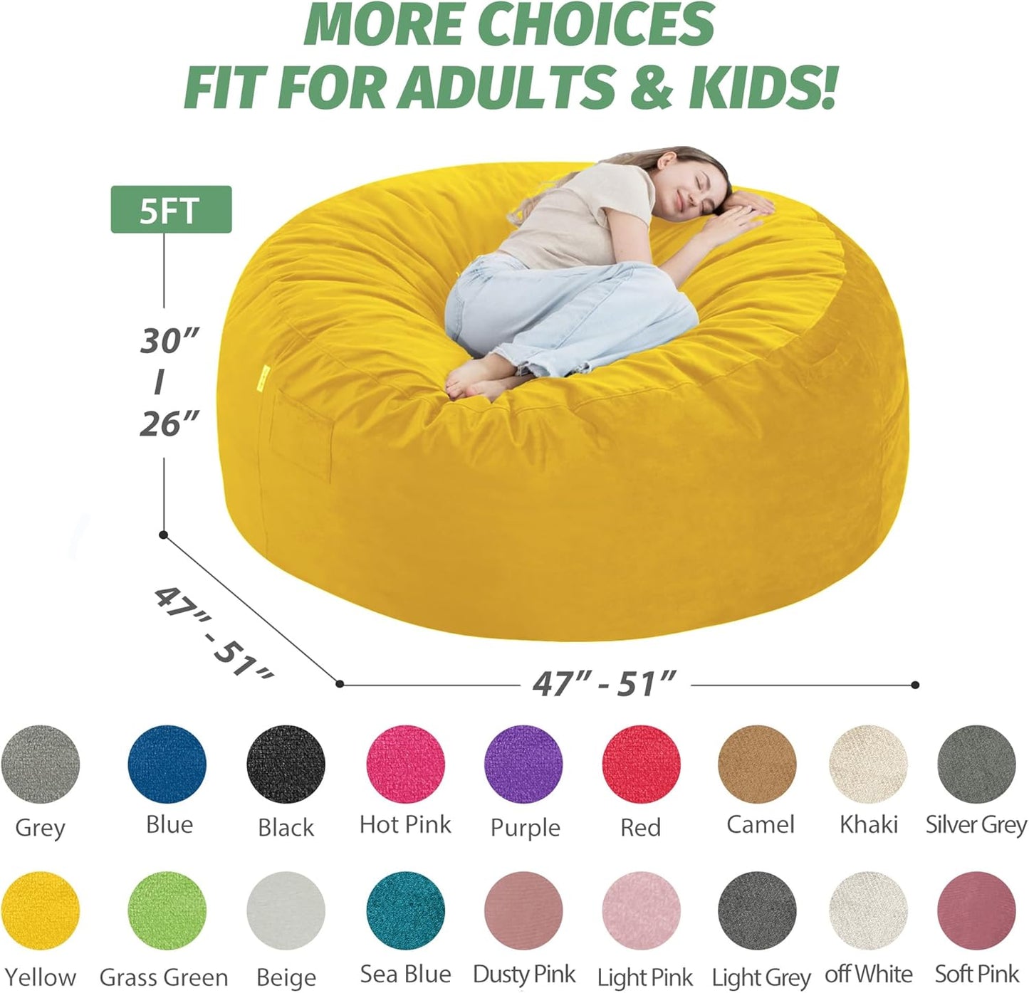 5FT Bean Bag Chair with Ultra Soft Velvet Cover Bean Bag Sofa with Memory Foam Bean Bag Chairs with Large Size Lazy Sofa for Dorm Office Living Room Bedroom Yellow 5'