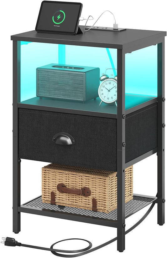 Sthmec Nightstands with Charging Station, LED Bedside Tables with Charging Station and Fabric Drawer, Night Stand with Storage, 3 Tier Side Table with Open Shelf, LED Nightstand Bedside Table,Black