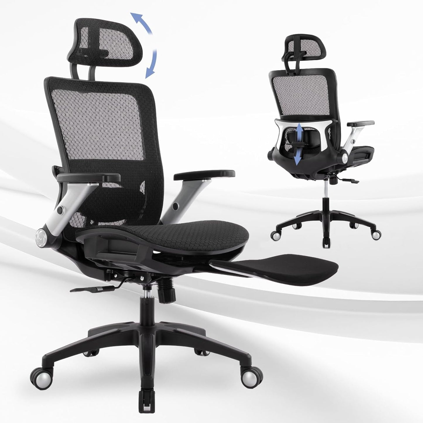 COLAMY Executive Mesh Office Chair with Footrest, Ergonomic Chair High Back with Adjustable Lumbar Support, Computer Desk Chair for Office/Work-Black