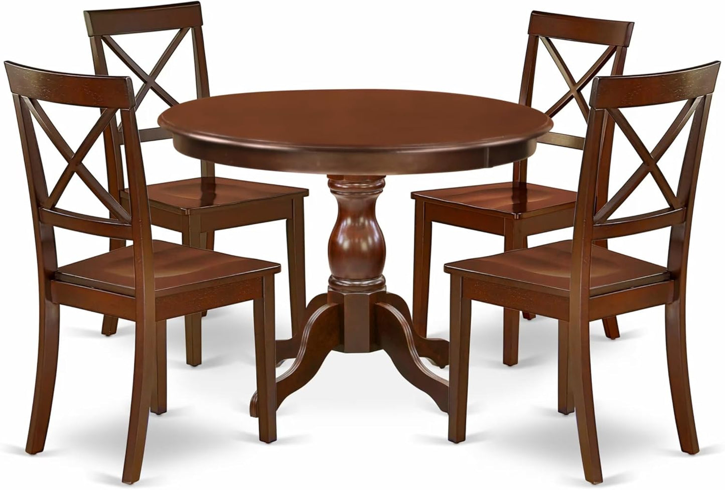 East West Furniture HBBO5-MAH-W 5 Piece Dining Set Includes a Round Dining Table with Pedestal and 4 Kitchen Chairs, 42x42 Inch, Mahogany