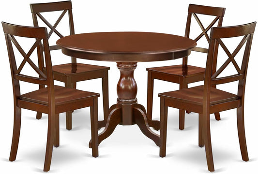 East West Furniture HBBO5-MAH-W 5 Piece Dining Set Includes a Round Dining Table with Pedestal and 4 Kitchen Chairs, 42x42 Inch, Mahogany
