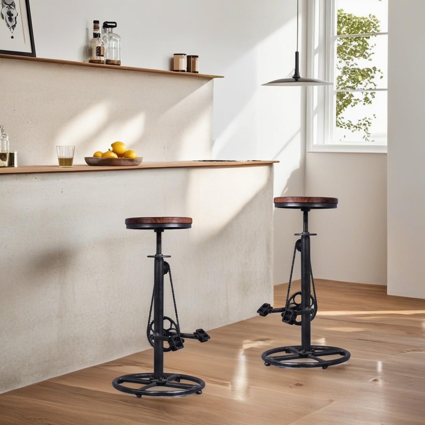 Set of 2 Industrial Bar Stool-Swivel Vintage Coffee Kitchen Dining Island Chair-Bike Pedal Footrest-Extra Tall Pub Height Adjustable 29-37"