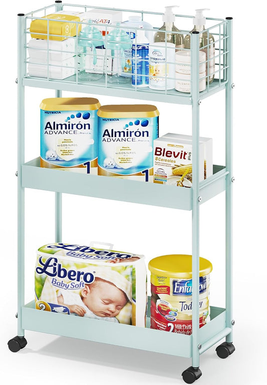 KINGRACK 3-Tier Rolling Utility Cart with Wheels, Metal Slim Storage Cart, Multifunctional Storage Organizer, Rolling Storage Cart for Kitchen, Office, Bathroom, Narrow Place, Mint Green