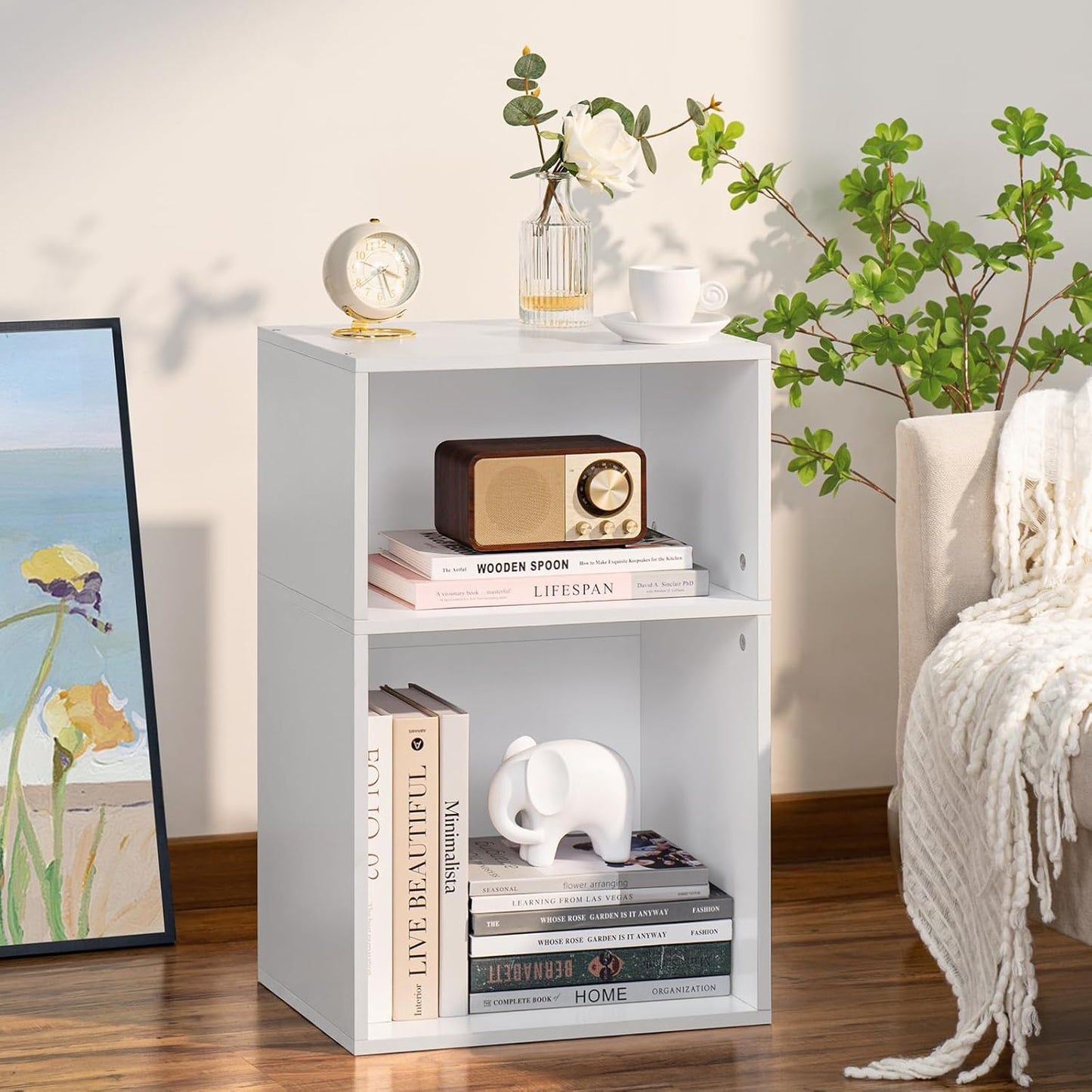 YAHARBO 2 Cube Bookshelf, White Record Player Stand with Vinyl Storage Up to 100 Albums, Horizontal Low Book Shelf, Mini Bookcase with Storage Organizer, Small Turntable Stand for Living Room, Bedroom